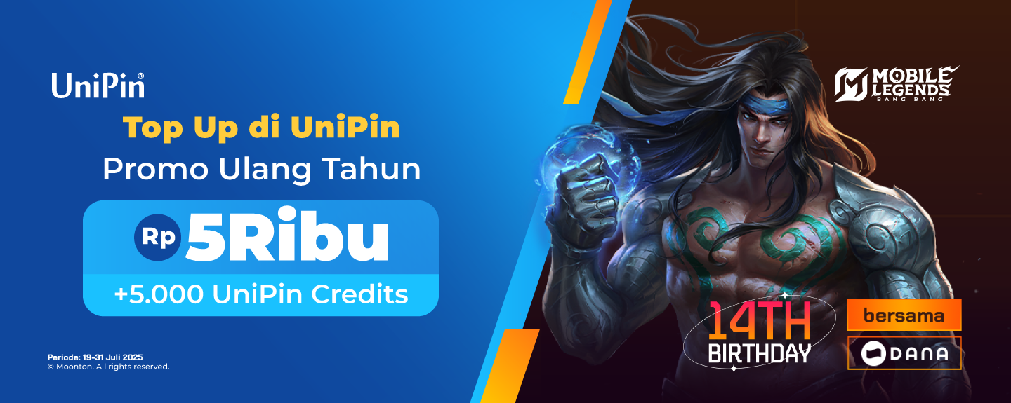 Top Up di UniPin Promo Ulang Tahun Rp5Ribu + 5.000 UniPin Credits *