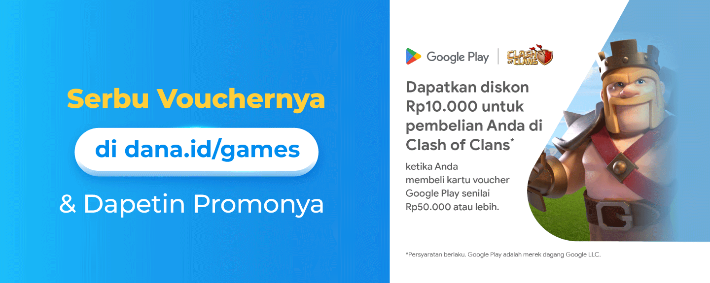 Buy in dana.id/games Kode Voucher Google Play Item Clash of Clans Discount Rp10 Ribu*